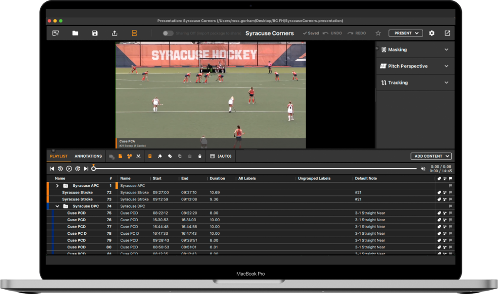 Análisis de vídeo de enfoque para hockey sobre césped de la NCAA: las herramientas de telestración en modo presentación