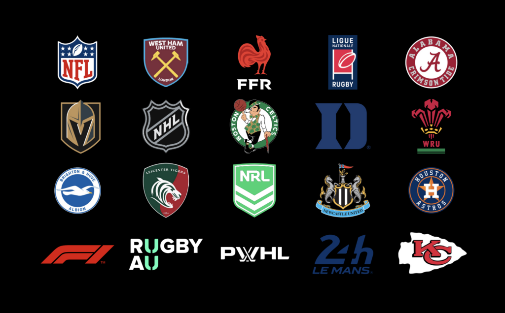 A snapshot of the teams Catapult works with in 2024. Teams and organisations include: NFL, FFR, NHL, NRL, Rugby AU, F1, 24h Le Mans, Boston Celtics, West Ham FC, Duke University, Newcastle United, PWHL, Mercedes AMG Petronas Formula One Team, and many more.