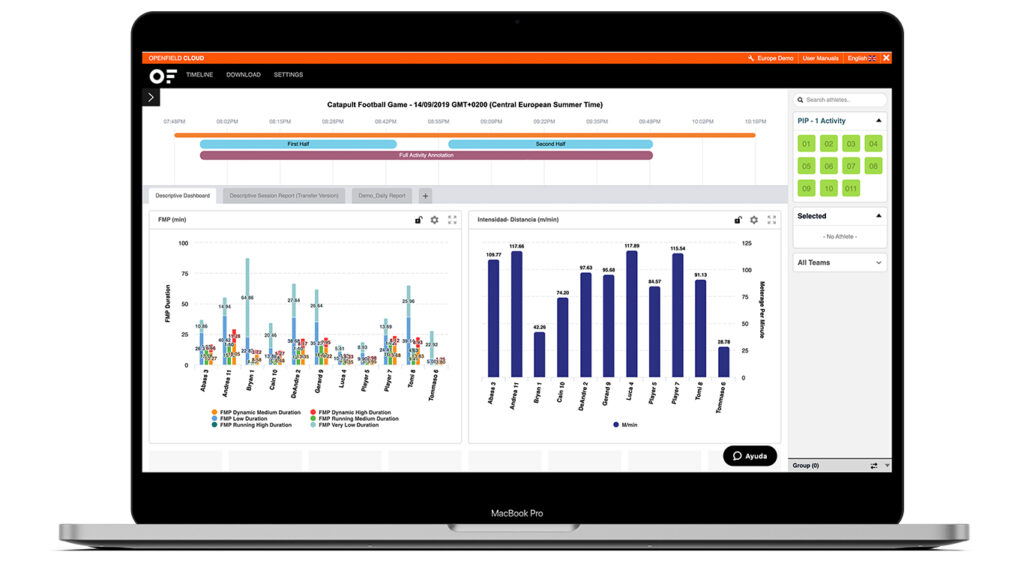 Análise esportiva em ação com um laptop mostrando gráficos de desempenho detalhados, fornecendo insights durante uma sessão de treinamento de futebol