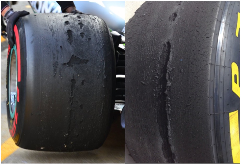 Um exemplo de bolhas graves num pneu de Fórmula 1