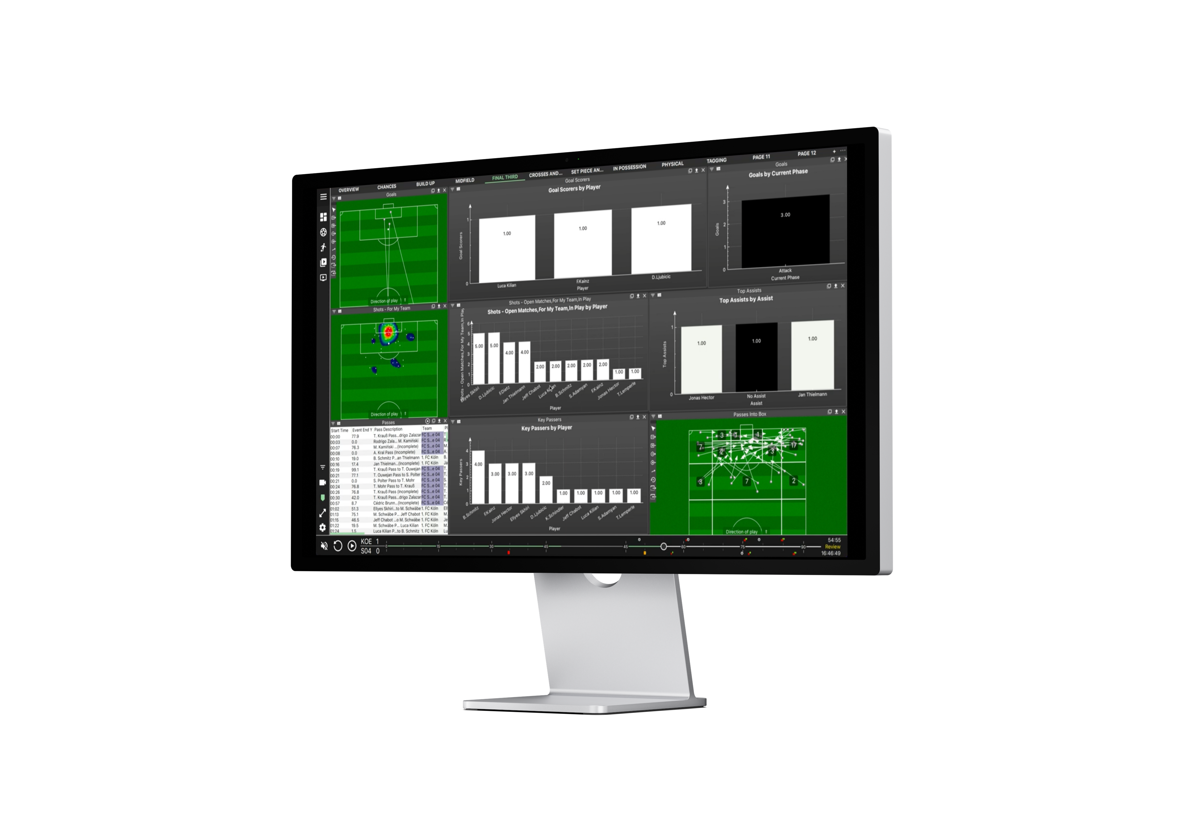 MatchTracker interface displaying various analytics panels including event data and phase analysis for football matches. MatchTracker-Schnittstelle mit verschiedenen Analyse-Panels, einschließlich Ereignisdaten und Phasenanalyse für Fußballspiele.