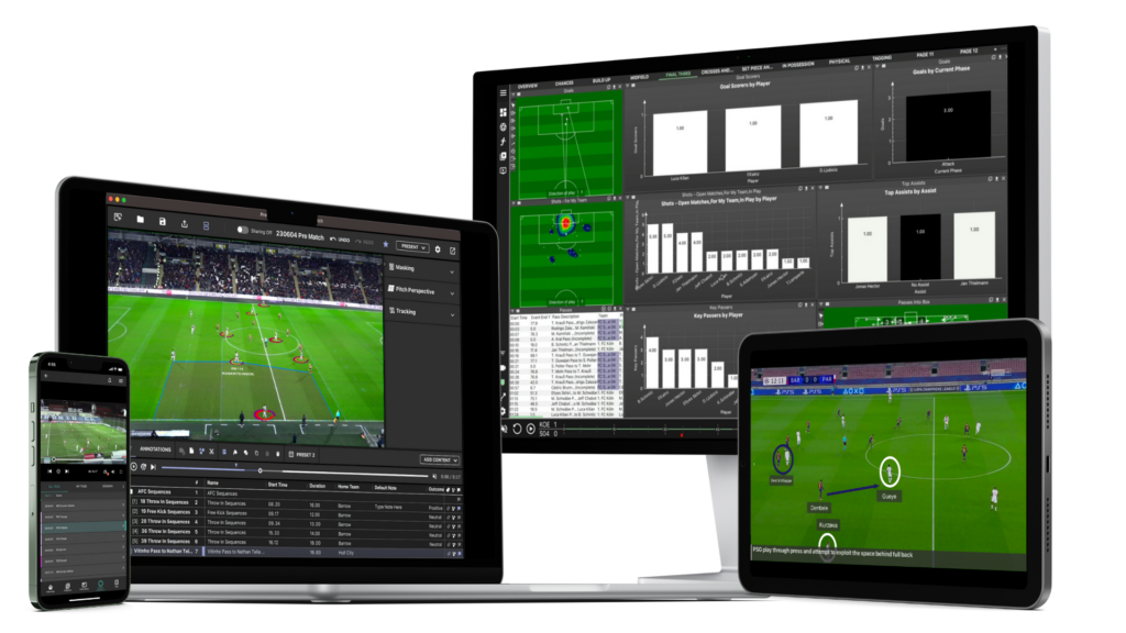 Uma tela para vários dispositivos mostrando os vários recursos do MatchTracker para análise de desempenho. A imagem mostra o software em um smartphone, tablet e monitor de computador. Os dispositivos exibem imagens de partidas de futebol, sobreposição de dados de posições e movimentos dos jogadores e vários painéis analíticos, incluindo tabelas e gráficos detalhando estatísticas dos jogadores e eventos da partida.