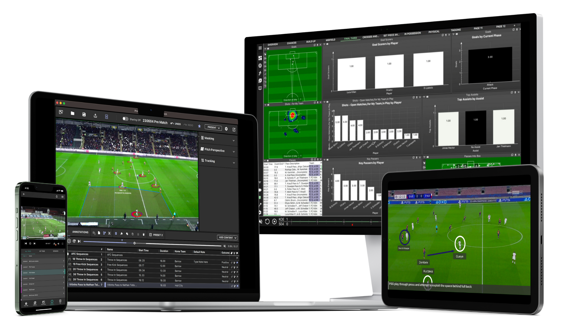 MatchTracker のパフォーマンス分析のさまざまな機能を示すマルチデバイス ディスプレイ。この画像では、スマートフォン、タブレット、コンピューター モニター上のソフトウェアが紹介されています。デバイスには、サッカーの試合映像、選手の位置と動きのデータ オーバーレイ、選手の統計情報や試合イベントの詳細を示すチャートやグラフなどのさまざまな分析パネルが表示されます。