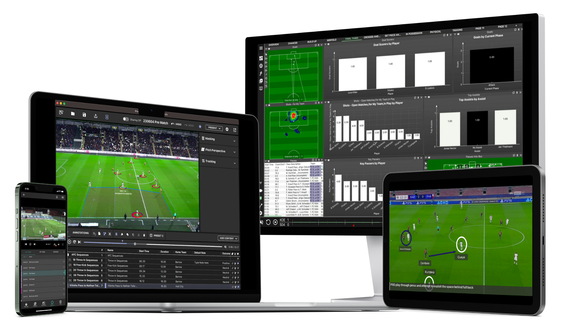 Una pantalla multidispositivo que muestra las diversas funciones de MatchTracker para el análisis del rendimiento. La imagen muestra el software en un teléfono inteligente, una tableta y un monitor de computadora. Los dispositivos exhiben imágenes de partidos de fútbol, superposición de datos de posiciones y movimientos de los jugadores y varios paneles analíticos que incluyen tablas y gráficos que detallan las estadísticas de los jugadores y los eventos del partido.