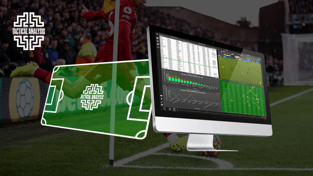 Uma composição digital apresentando um jogador de futebol em ação à esquerda e um grande monitor à direita exibindo análises detalhadas do jogo de futebol com vários gráficos, tabelas e um feed de jogo ao vivo.