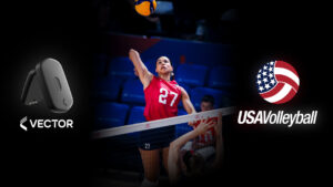 A volleyball player in a red jersey with number 27 spikes the ball over the net, flanked by the Catapult Vector device and USA Volleyball logos.